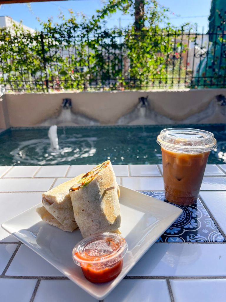 Breakfast burrito and iced coffee at Schmooze in Scottsdale, Arizona.