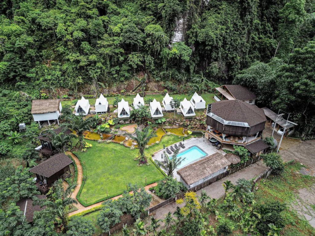 Yoga retreat center in Krabi, Thailand overlooking the valley